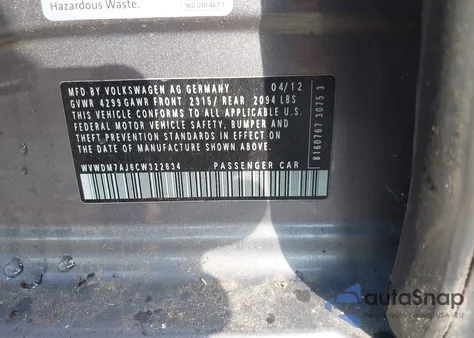 2012 Volkswagen Golf Tdi 4-Door из США, поврежденный, VIN WVWDM7AJ6CW322634